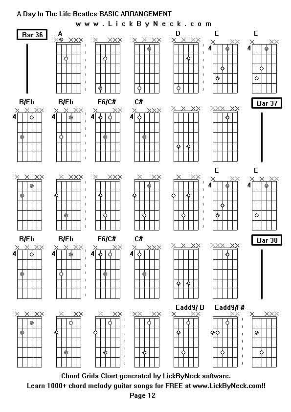 Chord Grids Chart of chord melody fingerstyle guitar song-A Day In The Life-Beatles-BASIC ARRANGEMENT,generated by LickByNeck software.